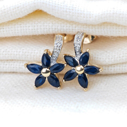 9ct Sapphire Diamond Earrings Gold Flower Studs Natural Blue Gemstones 0.88ct