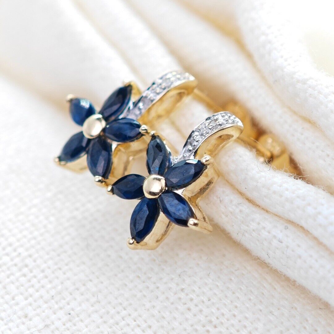 9ct Sapphire Diamond Earrings Gold Flower Studs Natural Blue Gemstones 0.88ct