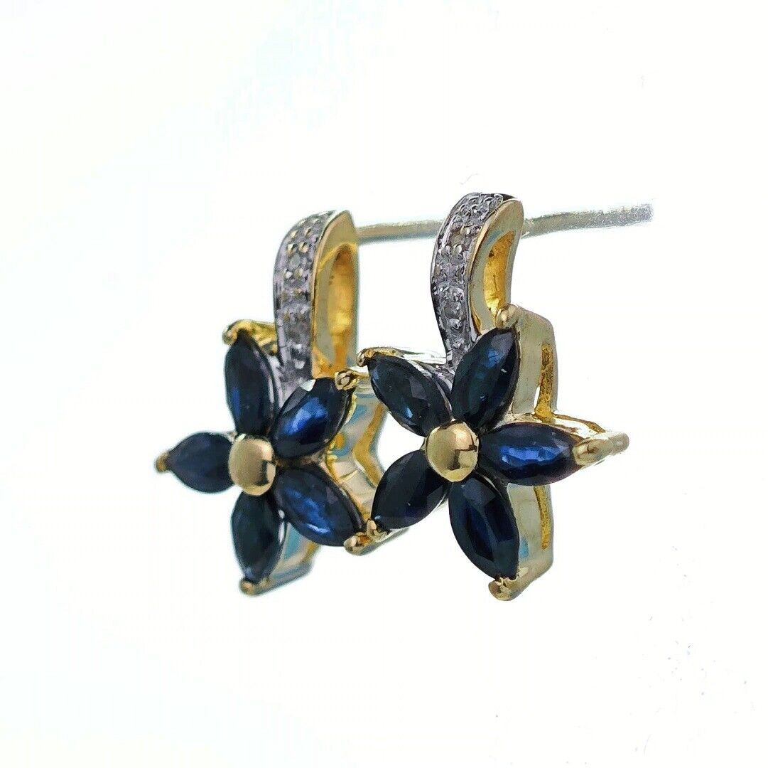 9ct Sapphire Diamond Earrings Gold Flower Studs Natural Blue Gemstones 0.88ct