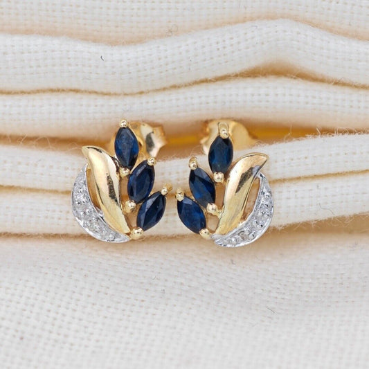 9ct Sapphire Diamond Earrings Gold Studs Natural Blue Gemstones 0.65ct
