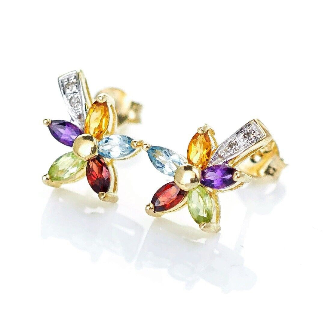 9ct Gold Flower Earrings Studs Natural Gemstones 0.78ct Boxed Gift