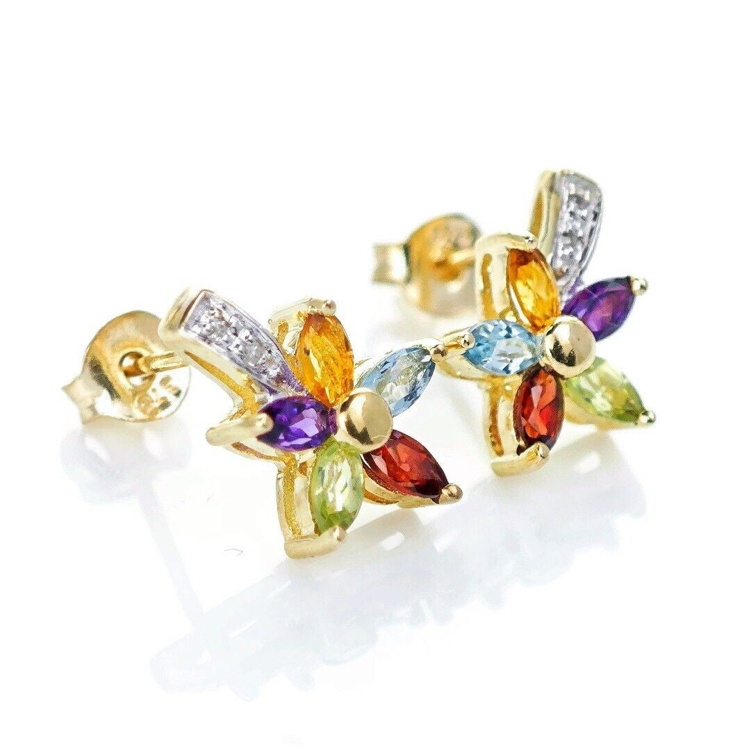 9ct Gold Flower Earrings Studs Natural Gemstones 0.78ct Boxed Gift