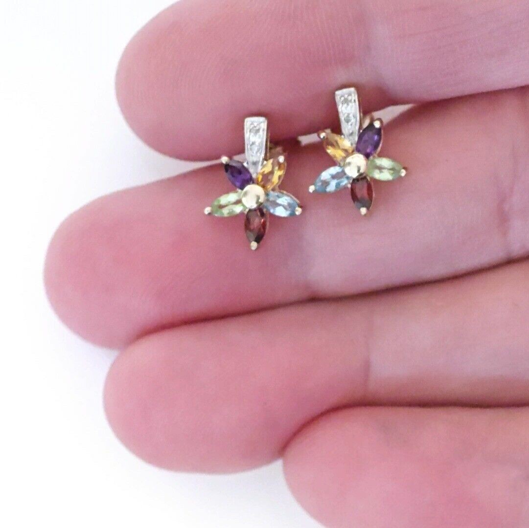 9ct Gold Flower Earrings Studs Natural Gemstones 0.78ct Boxed Gift