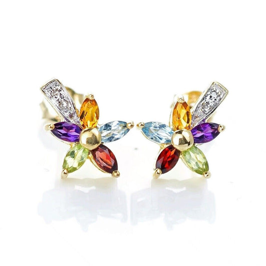 9ct Gold Flower Earrings Studs Natural Gemstones 0.78ct Boxed Gift