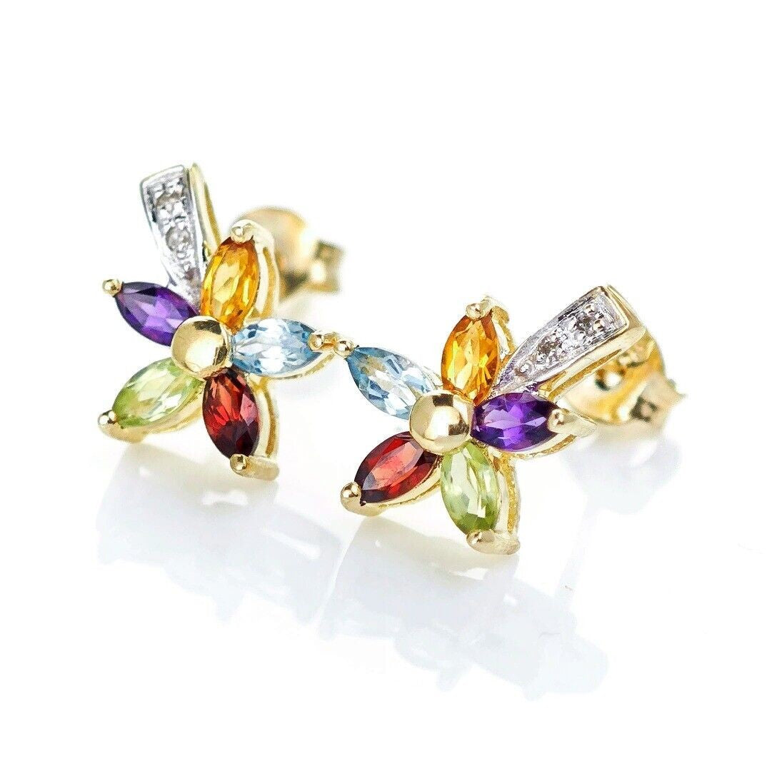 9ct Gold Flower Earrings Studs Natural Gemstones 0.78ct Boxed Gift