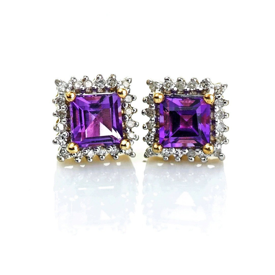 9ct Amethyst Diamond Earrings Gold Studs Natural Gemstones 1.32ct Hallmarked