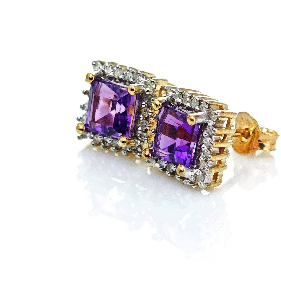 9ct Amethyst Diamond Earrings Gold Studs Natural Gemstones 1.32ct Hallmarked