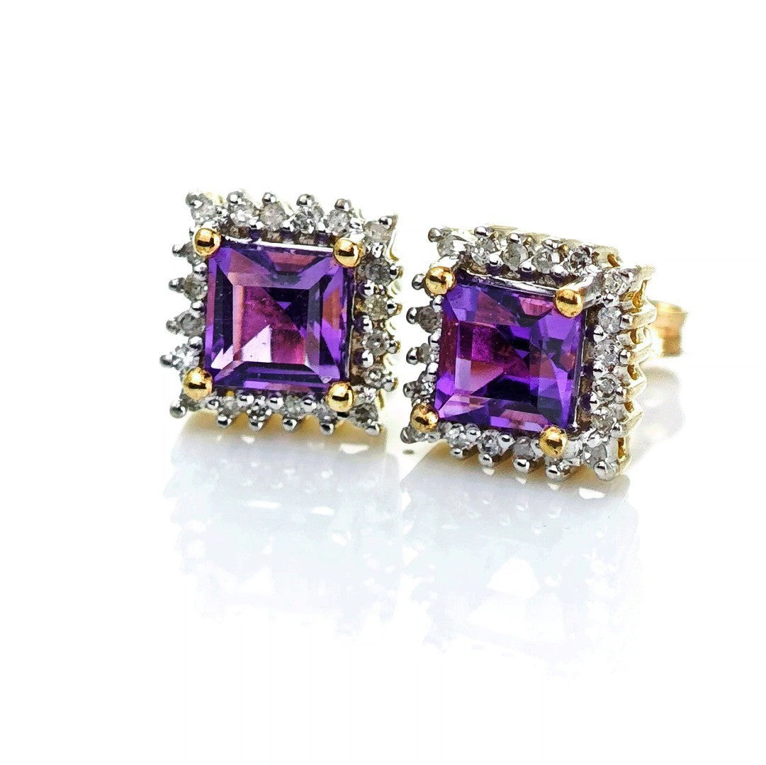 9ct Amethyst Diamond Earrings Gold Studs Natural Gemstones 1.32ct Hallmarked
