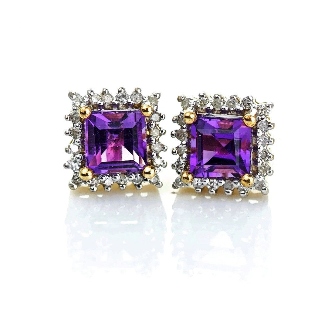 9ct Amethyst Diamond Earrings Gold Studs Natural Gemstones 1.32ct Hallmarked