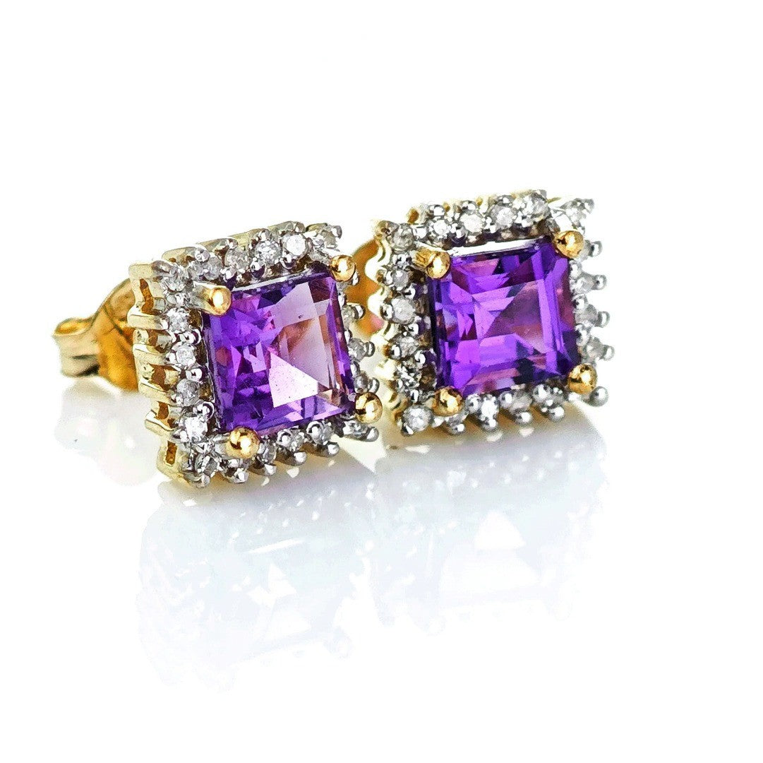 9ct Amethyst Diamond Earrings Gold Studs Natural Gemstones 1.32ct Hallmarked