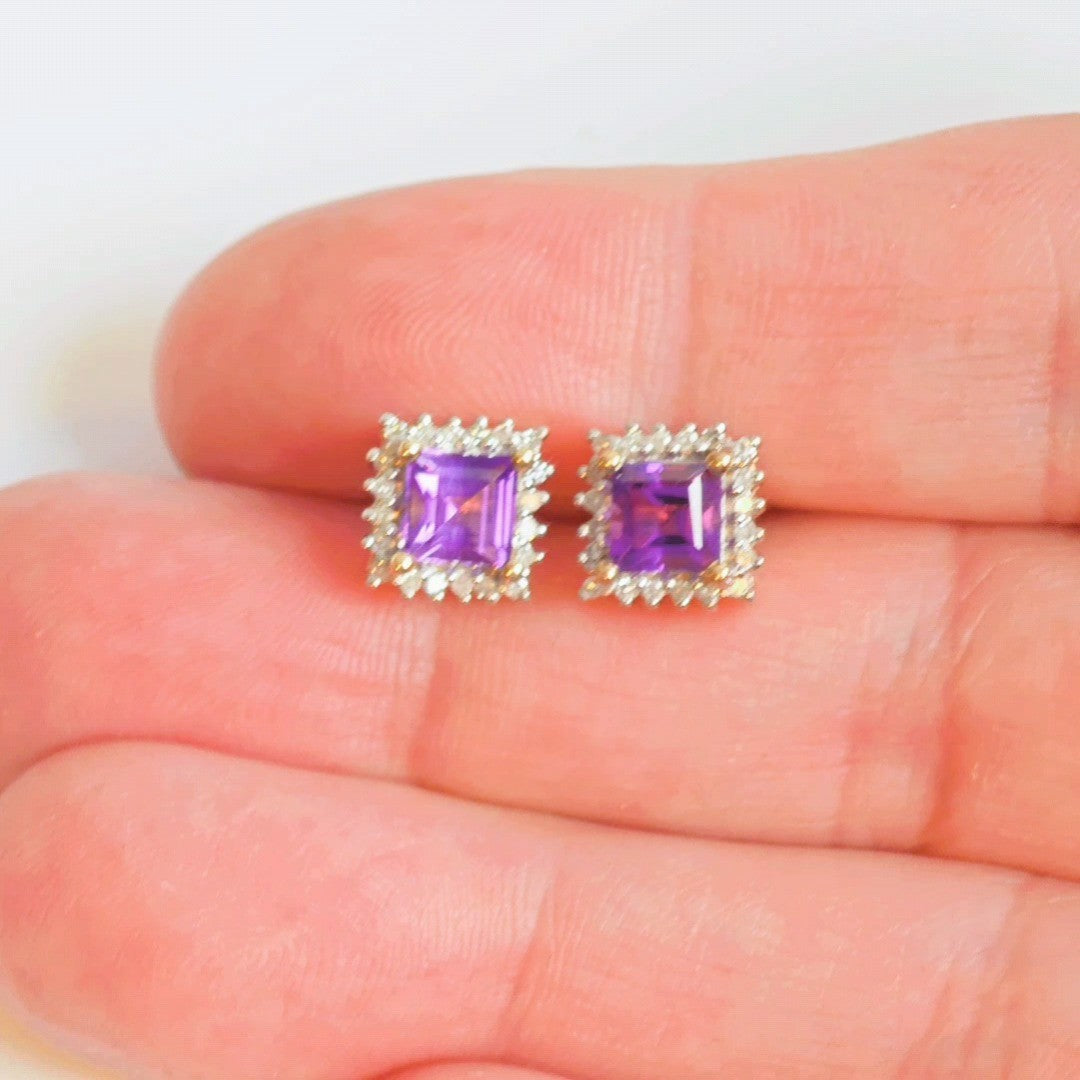 9ct Amethyst Diamond Earrings Gold Studs Natural Gemstones 1.32ct Hallmarked