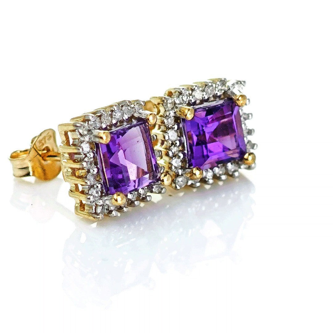 9ct Amethyst Diamond Earrings Gold Studs Natural Gemstones 1.32ct Hallmarked