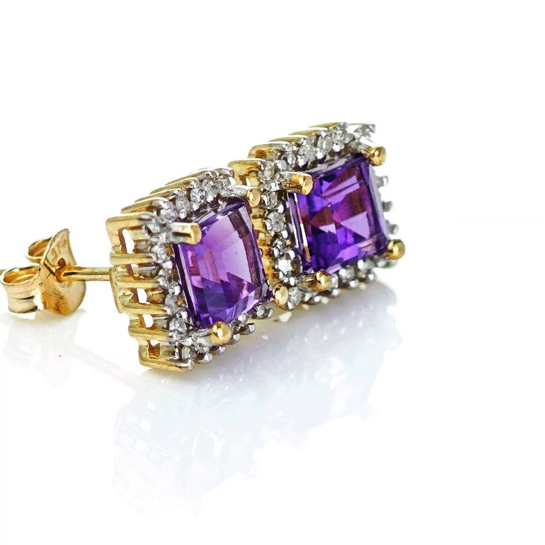 9ct Amethyst Diamond Earrings Gold Studs Natural Gemstones 1.32ct Hallmarked