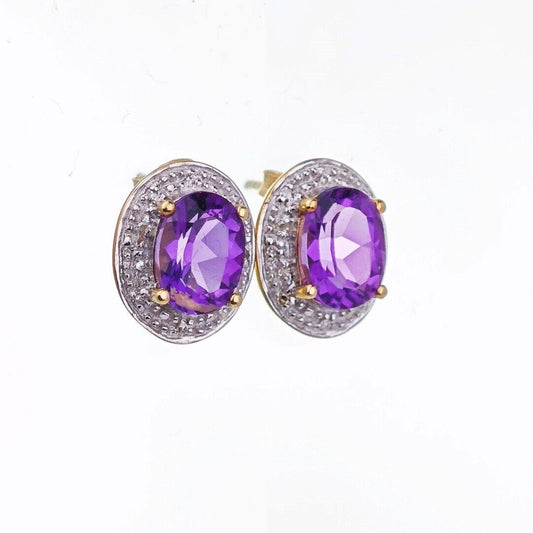 9ct Amethyst Diamond Earrings Gold Studs Natural Gemstones 2.2ct Hallmarked