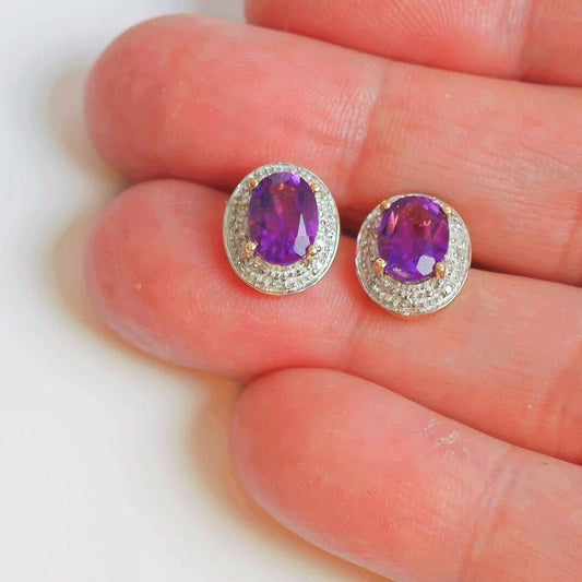 9ct Amethyst Diamond Earrings Gold Studs Natural Gemstones 2.2ct Hallmarked