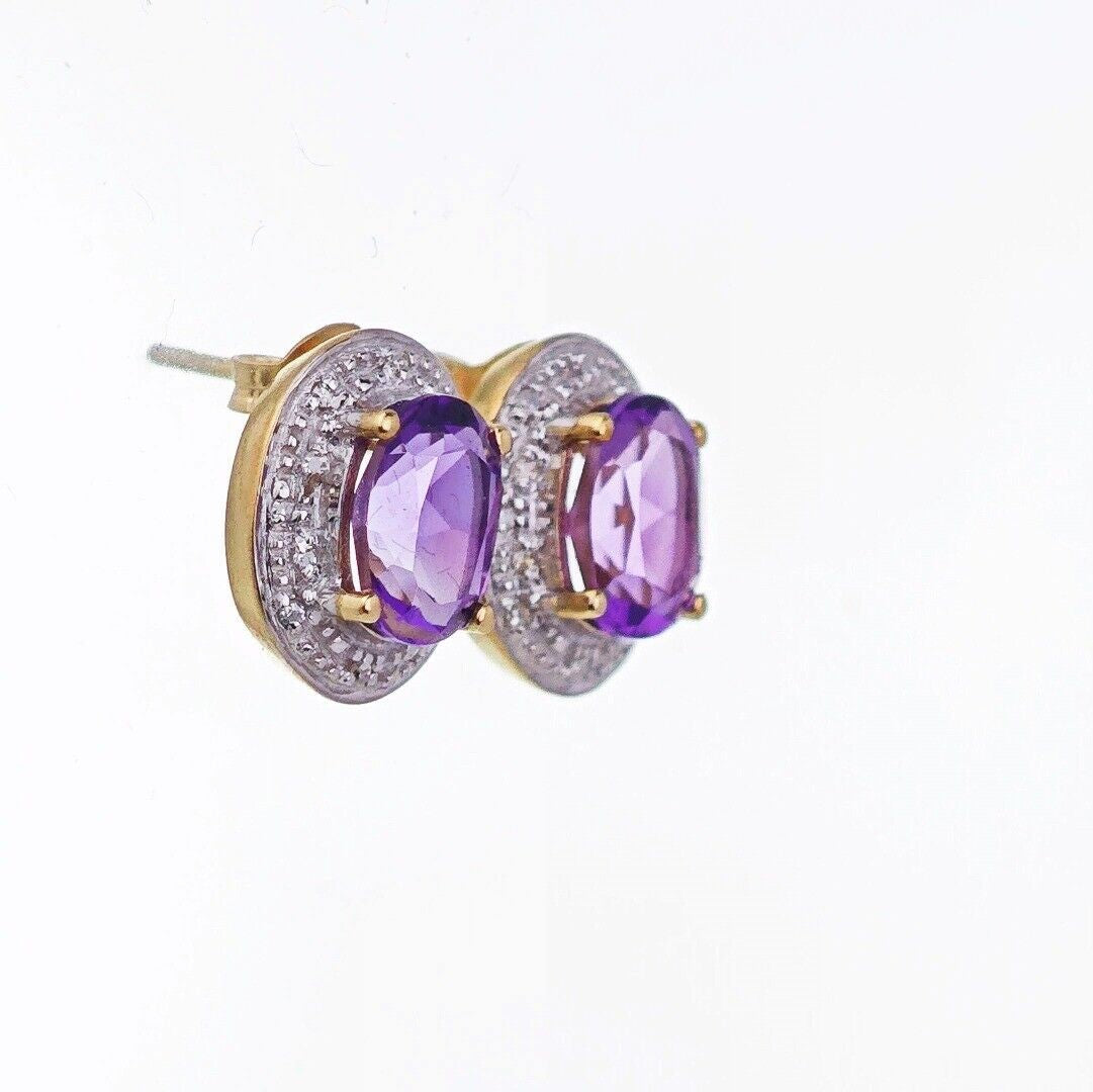 9ct Amethyst Diamond Earrings Gold Studs Natural Gemstones 2.2ct Hallmarked