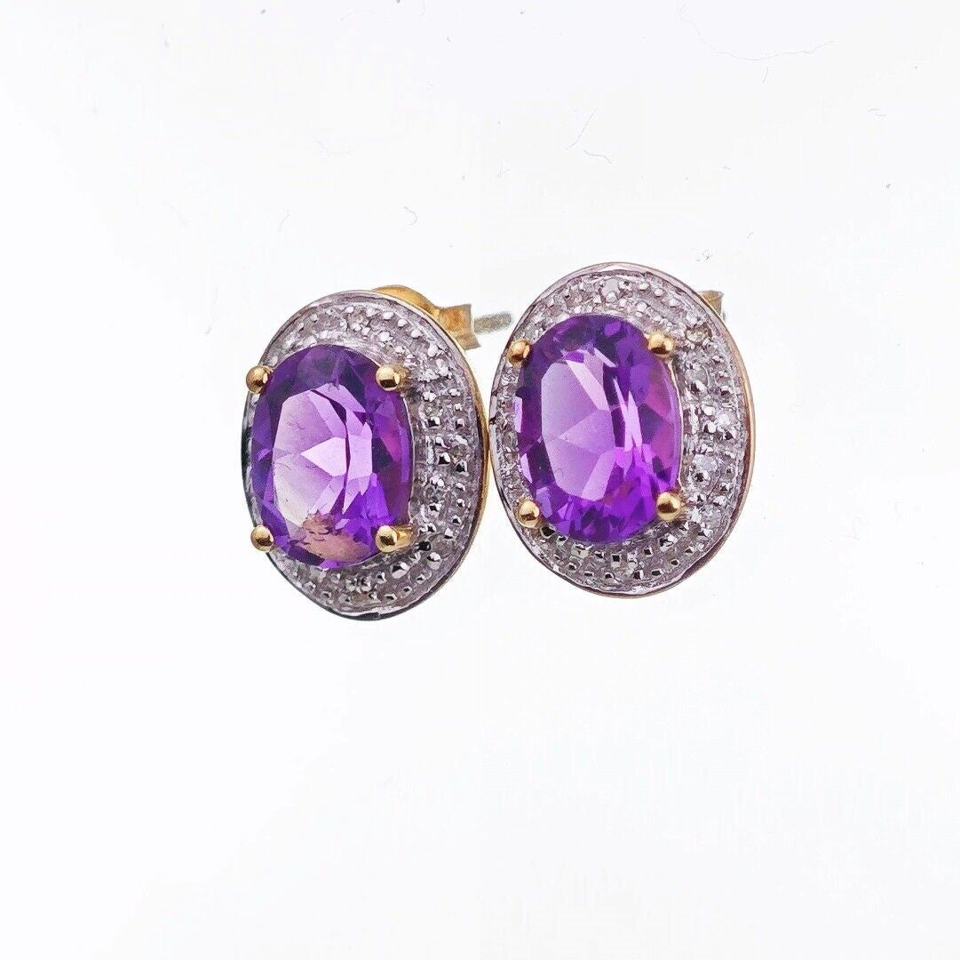 9ct Amethyst Diamond Earrings Gold Studs Natural Gemstones 2.2ct Hallmarked