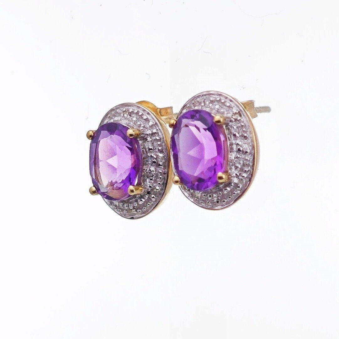 9ct Amethyst Diamond Earrings Gold Studs Natural Gemstones 2.2ct Hallmarked