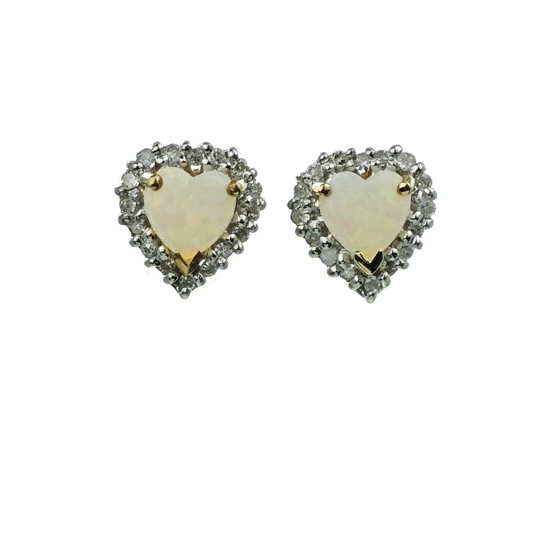 9ct Opal Diamond Earrings Heart Gold Studs Natural White Gemstones 0.54ct