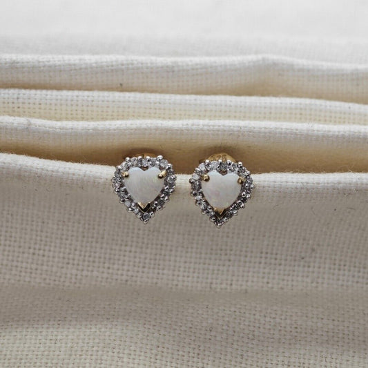 9ct Opal Diamond Earrings Heart Gold Studs Natural White Gemstones 0.54ct