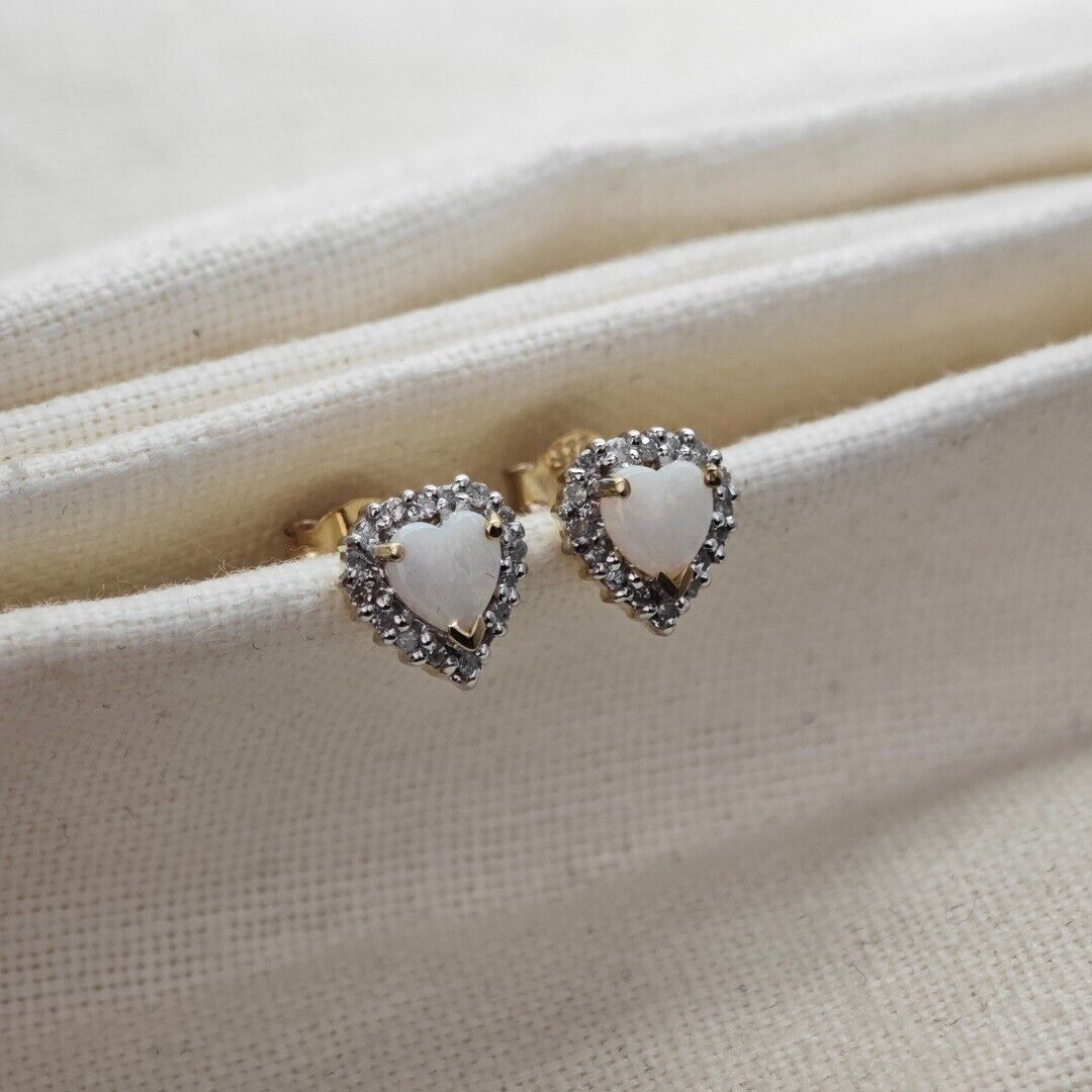 9ct Opal Diamond Earrings Heart Gold Studs Natural White Gemstones 0.54ct