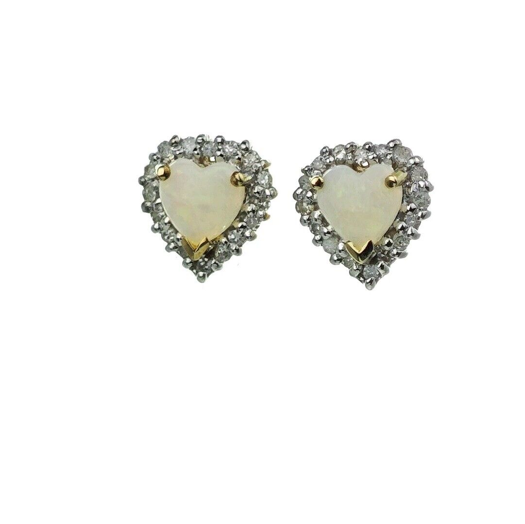 9ct Opal Diamond Earrings Heart Gold Studs Natural White Gemstones 0.54ct