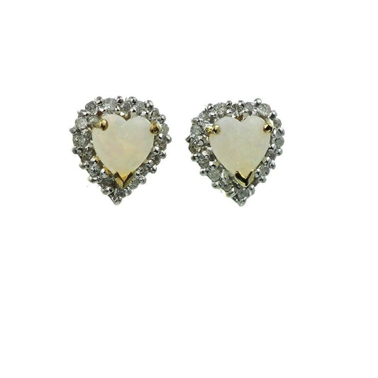9ct Opal Diamond Earrings Heart Gold Studs Natural White Gemstones 0.54ct