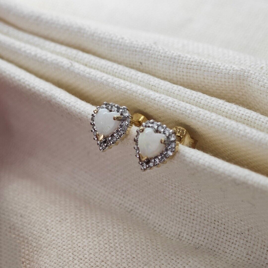 9ct Opal Diamond Earrings Heart Gold Studs Natural White Gemstones 0.54ct