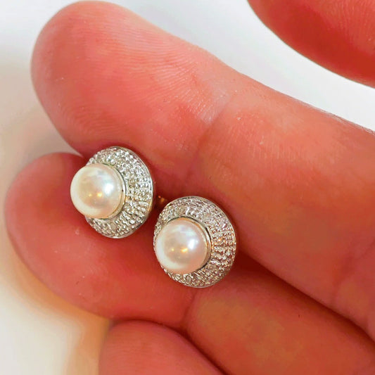 9ct Fresh Water Pearl  DiamondEarrings Gold Studs Natural Gemstones