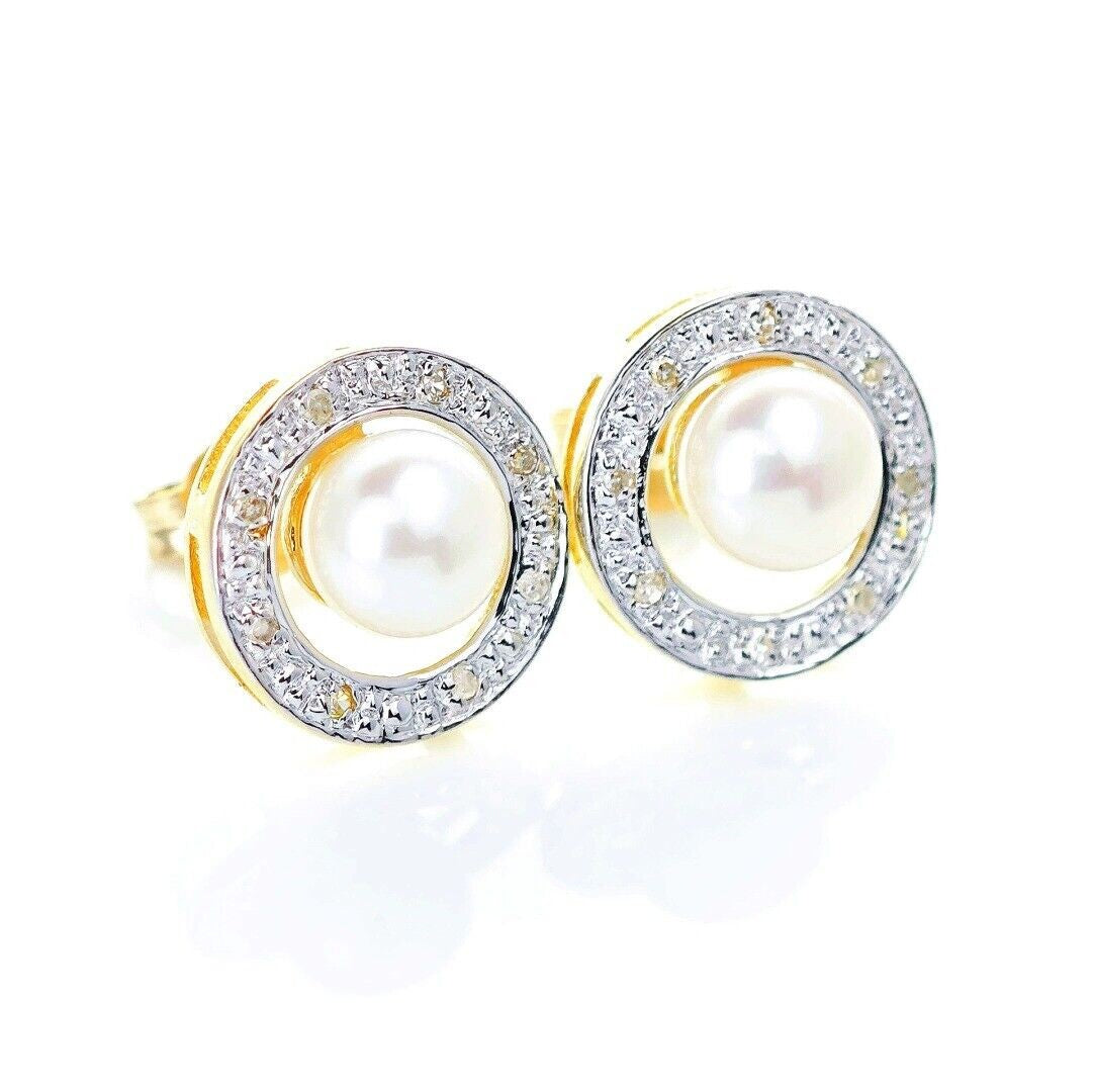 9ct Fresh Water Pearl  Diamond Earrings Gold Studs Natural Gemstones