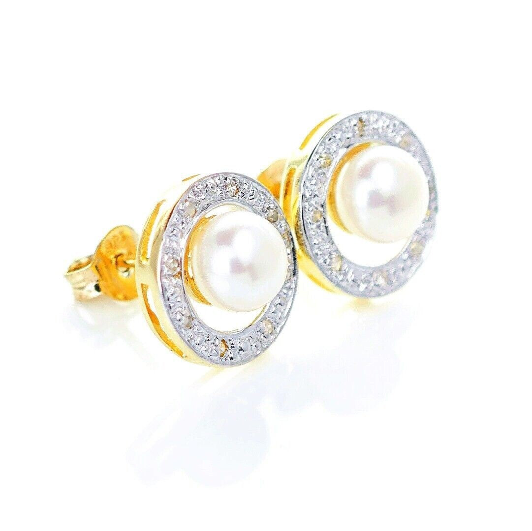 9ct Fresh Water Pearl  Diamond Earrings Gold Studs Natural Gemstones