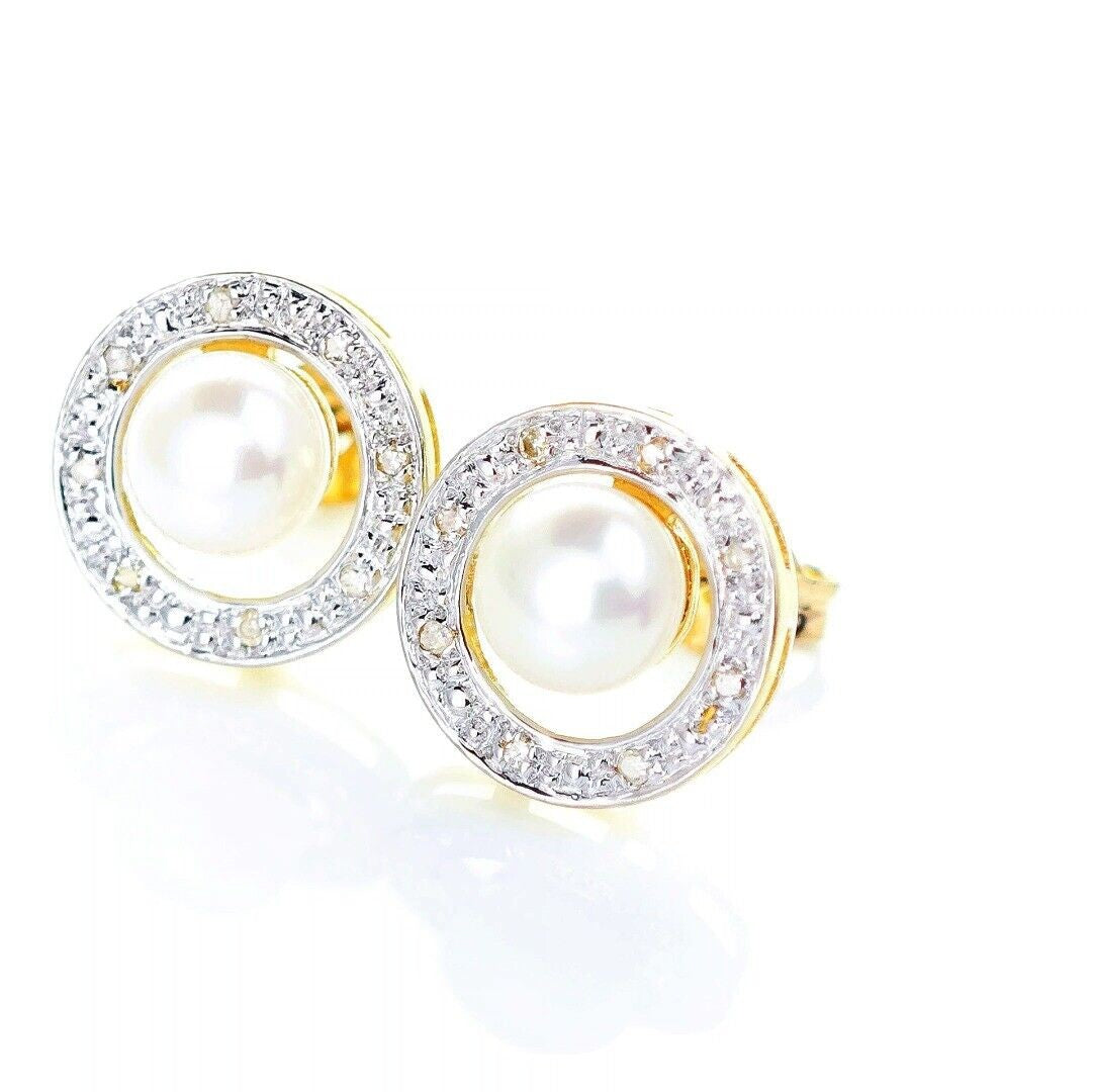 9ct Fresh Water Pearl  Diamond Earrings Gold Studs Natural Gemstones