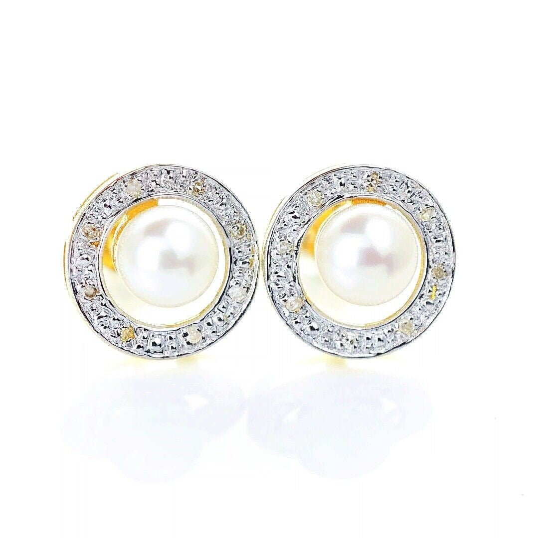 9ct Fresh Water Pearl  Diamond Earrings Gold Studs Natural Gemstones