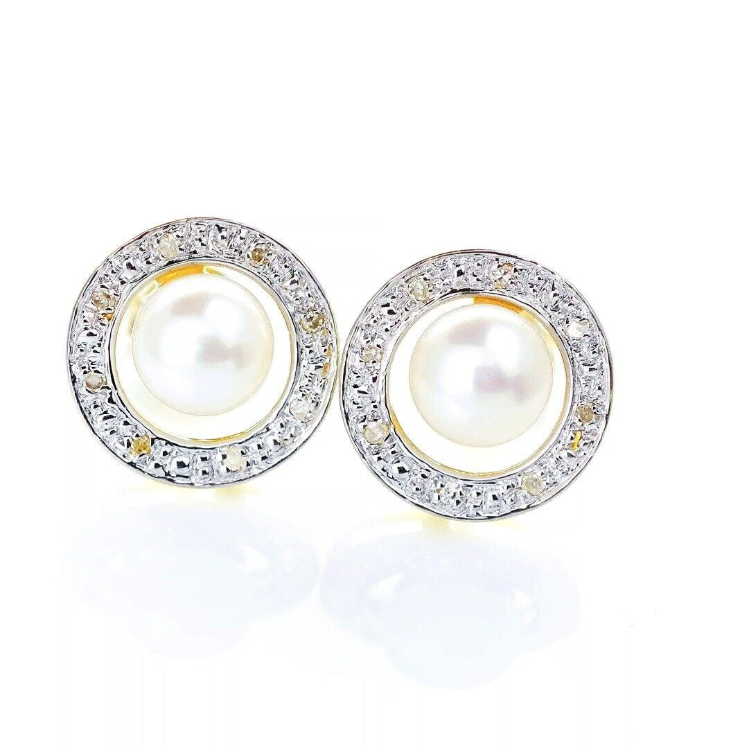 9ct Fresh Water Pearl  Diamond Earrings Gold Studs Natural Gemstones
