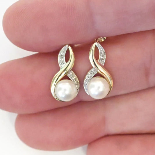 9ct Fresh Water Pearl Diamond Earrings Gold Drop Studs Natural Gemstones