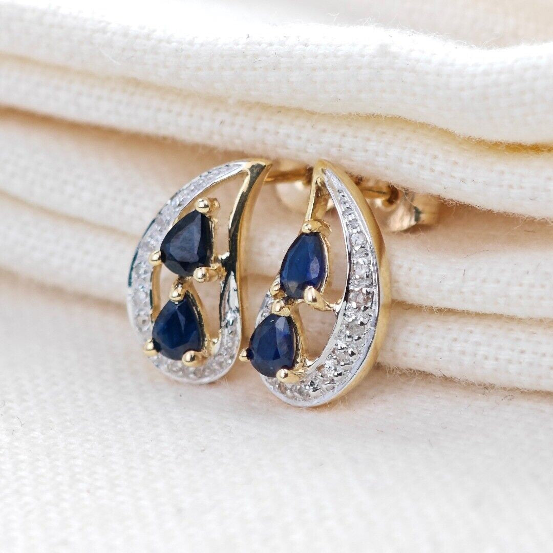 9ct Sapphire Diamond Earrings Gold Studs Natural Gemstones 0.87ct