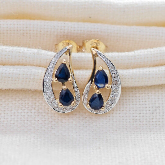 9ct Sapphire Diamond Earrings Gold Studs Natural Gemstones 0.87ct