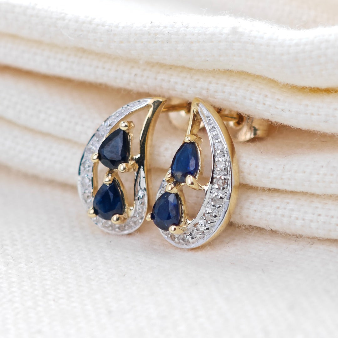 9ct Sapphire Diamond Earrings Gold Studs Natural Gemstones 0.87ct