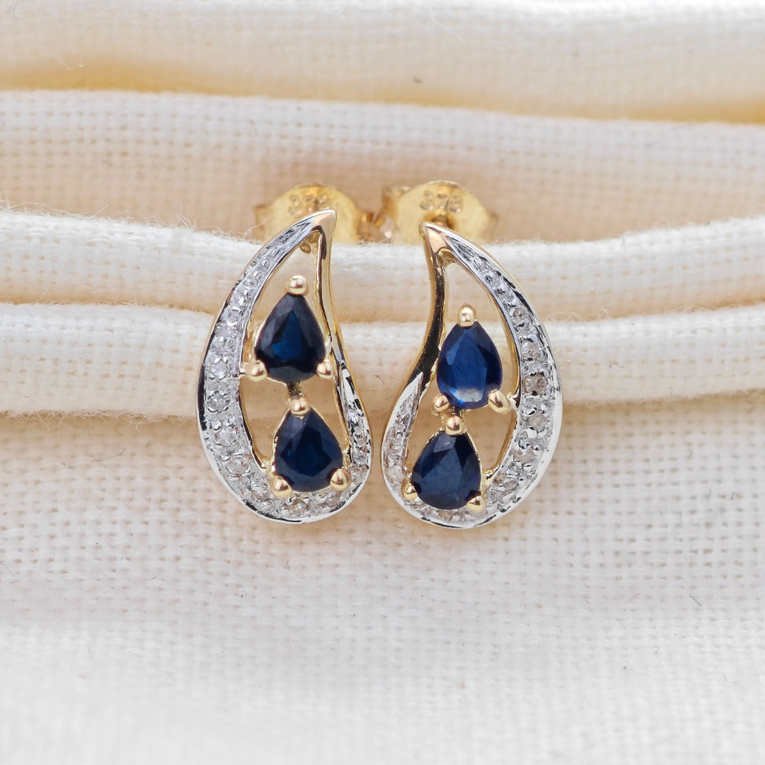 9ct Sapphire Diamond Earrings Gold Studs Natural Gemstones 0.87ct