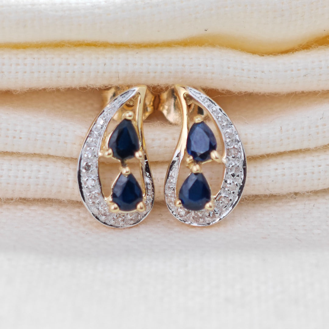 9ct Sapphire Diamond Earrings Gold Studs Natural Gemstones 0.87ct