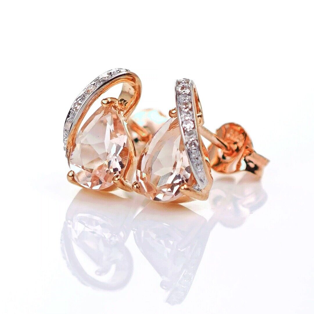 9ct Morganite Diamond Earrings Rose Gold Studs Natural Pink Gemstones 1.27ct