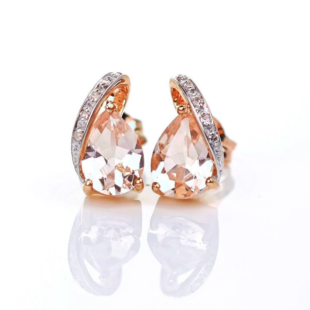9ct Morganite Diamond Earrings Rose Gold Studs Natural Pink Gemstones 1.27ct