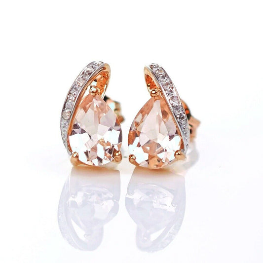 9ct Morganite Diamond Earrings Rose Gold Studs Natural Pink Gemstones 1.27ct