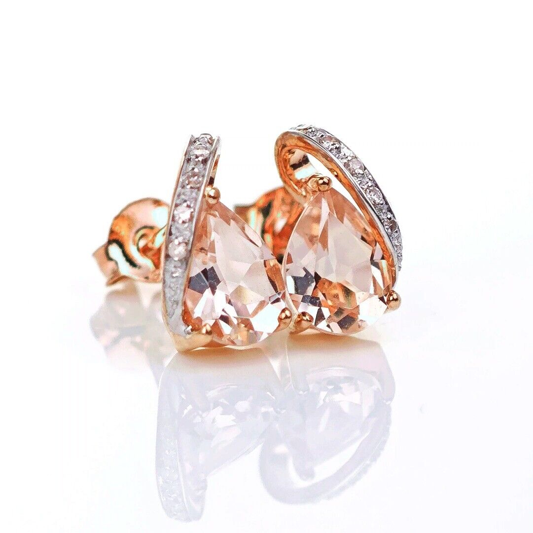 9ct Morganite Diamond Earrings Rose Gold Studs Natural Pink Gemstones 1.27ct