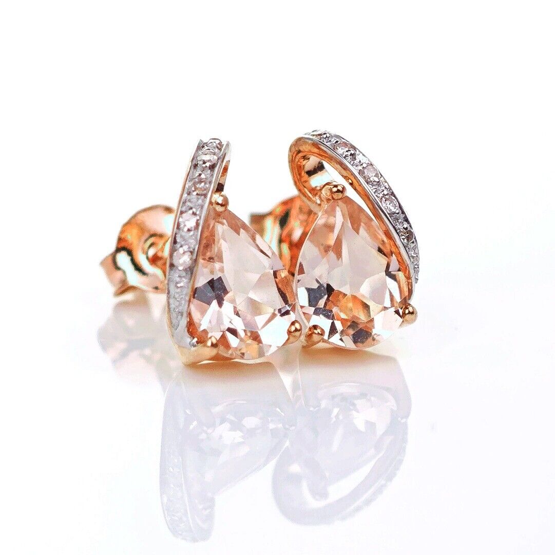 9ct Morganite Diamond Earrings Rose Gold Studs Natural Pink Gemstones 1.27ct