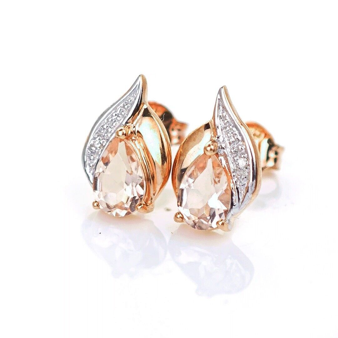 9ct Morganite Diamond Earrings Rose Gold Studs Natural Pink Gemstones 0.58ct