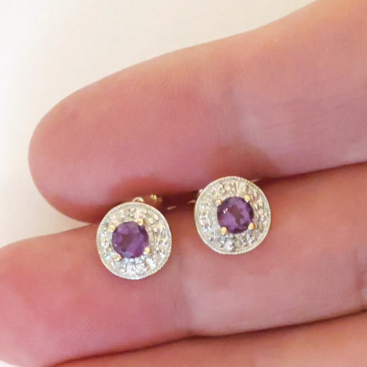 9ct Amethyst Diamond Earrings Gold Studs Natural Round Purple Gemstones 0.46ct