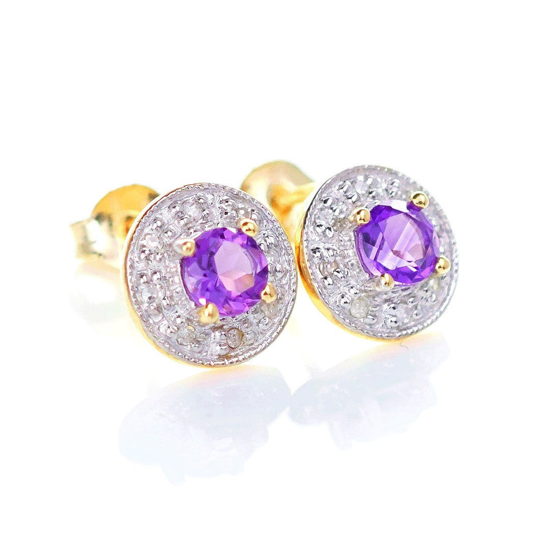 9ct Amethyst Diamond Earrings Gold Studs Natural Round Purple Gemstones 0.46ct