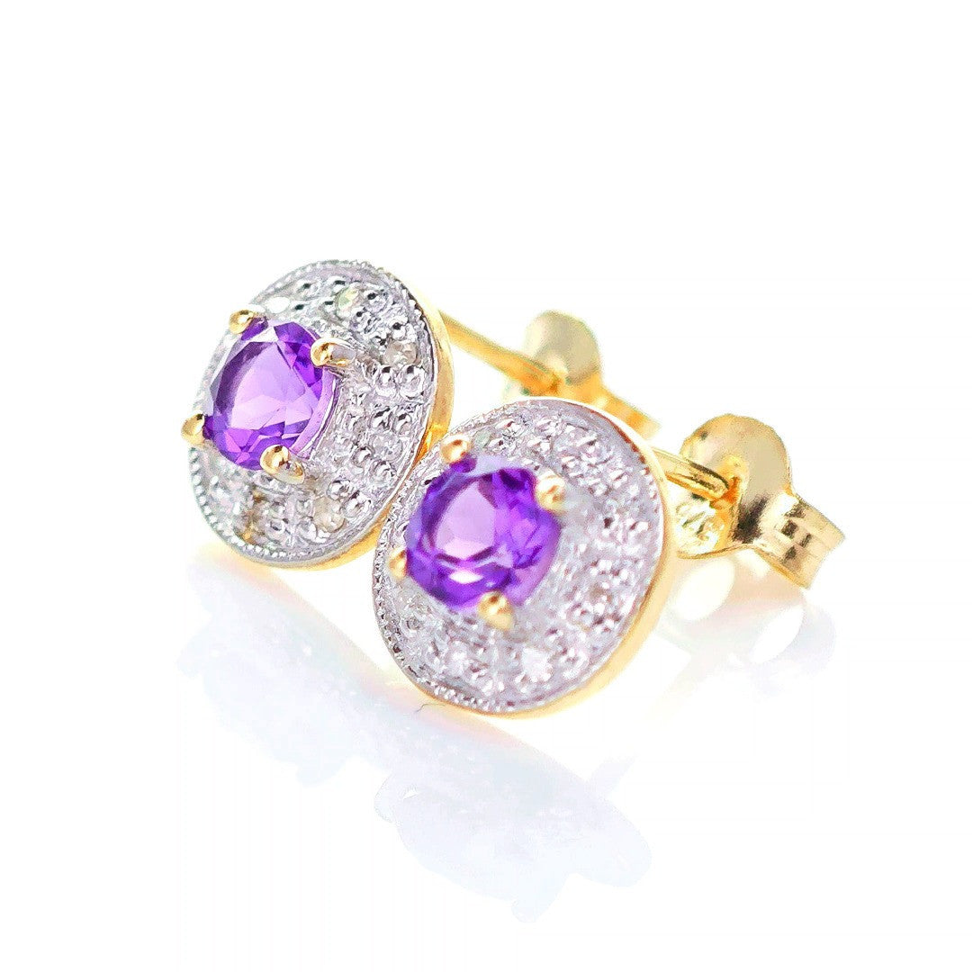 9ct Amethyst Diamond Earrings Gold Studs Natural Round Purple Gemstones 0.46ct