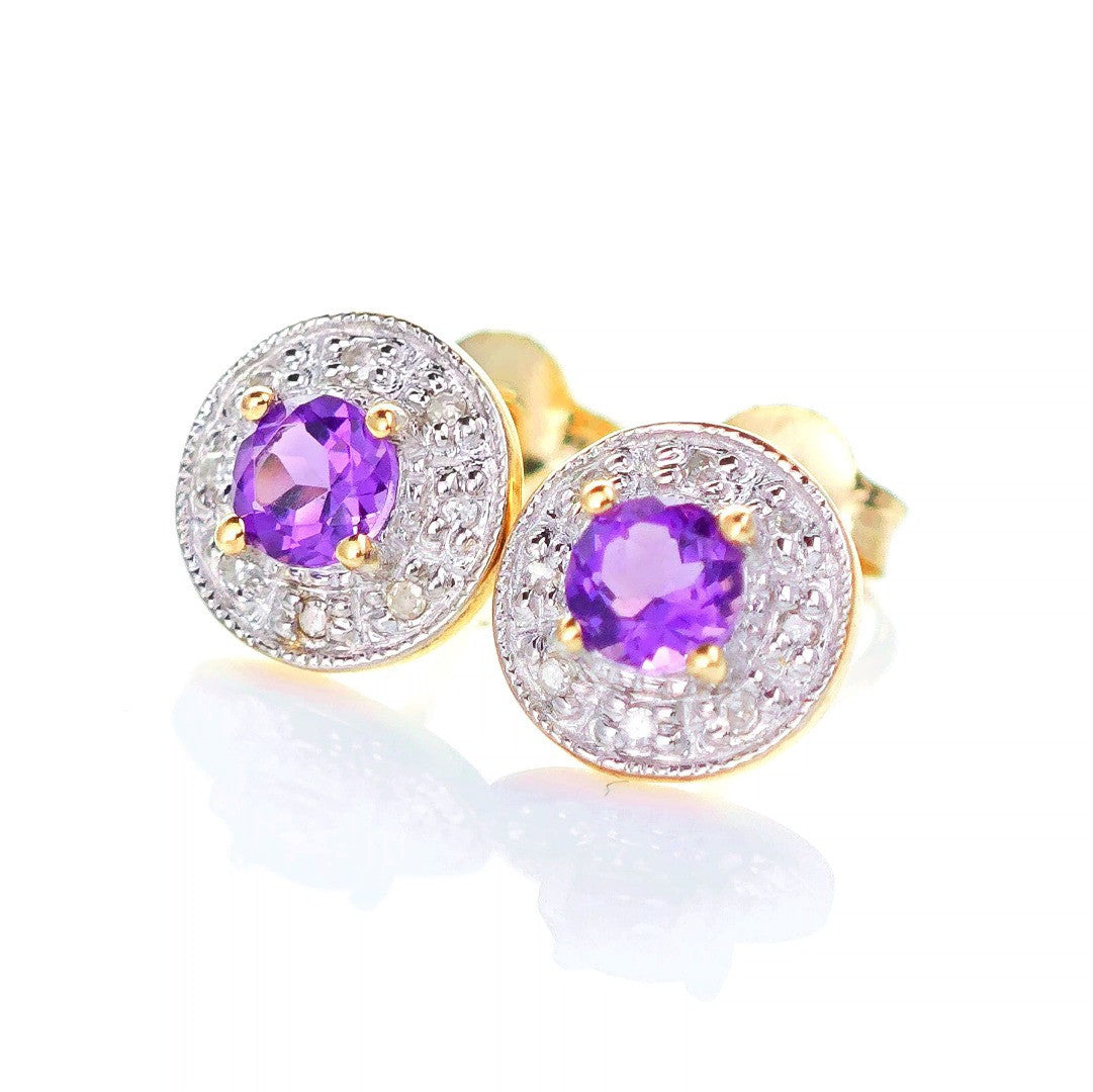 9ct Amethyst Diamond Earrings Gold Studs Natural Round Purple Gemstones 0.46ct
